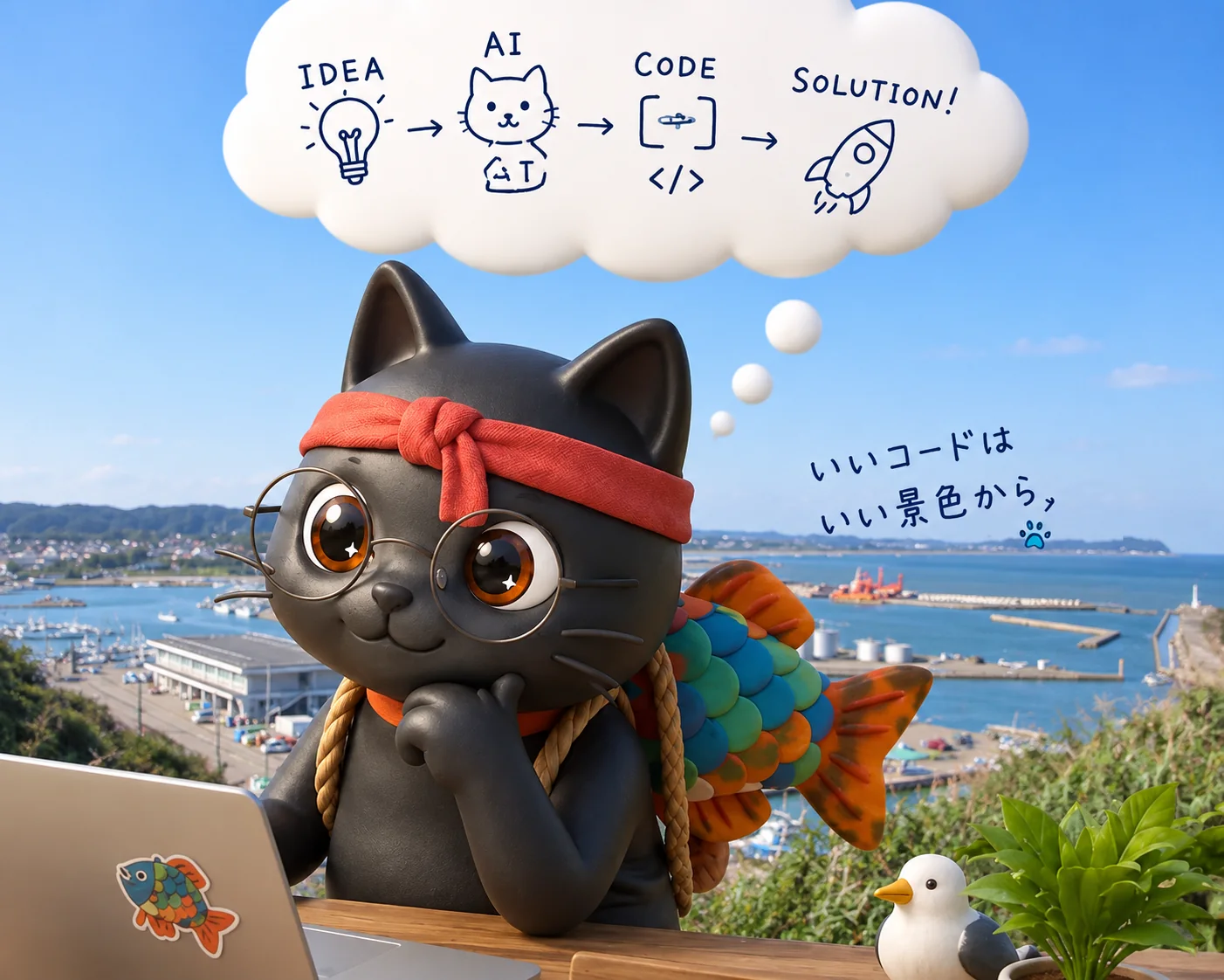 港町・大原の海を背に、ノートパソコンで生成AIと仕事をする猫の手プラスの制作者 (くろたぐ)
